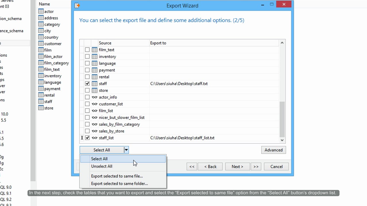 How to export multiple tables into a single file by Navicat client? (Windows)