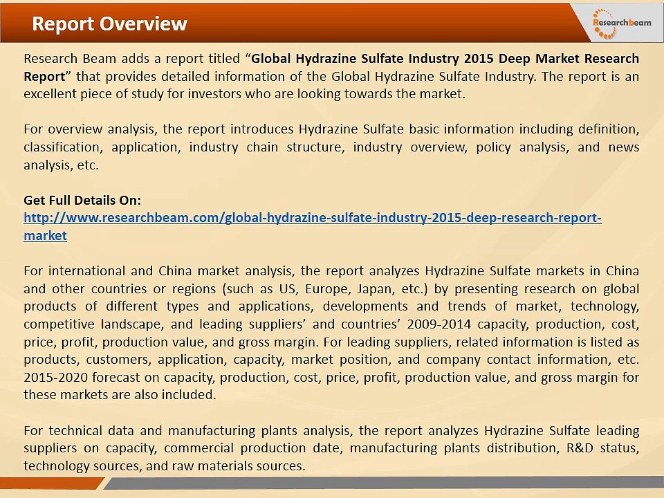 Global Hydrazine Sulfate Industry Size, Share, Market Trends, Growth, Report 2015