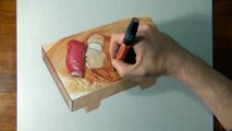 Drawing Time Lapse_ nigiri sushi on a wooden platter - hyperrealistic art