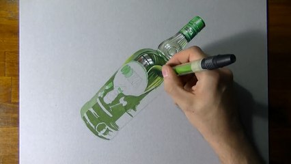 Drawing timelapse_ a bottle of Oddka vodka - hyperrealistic art