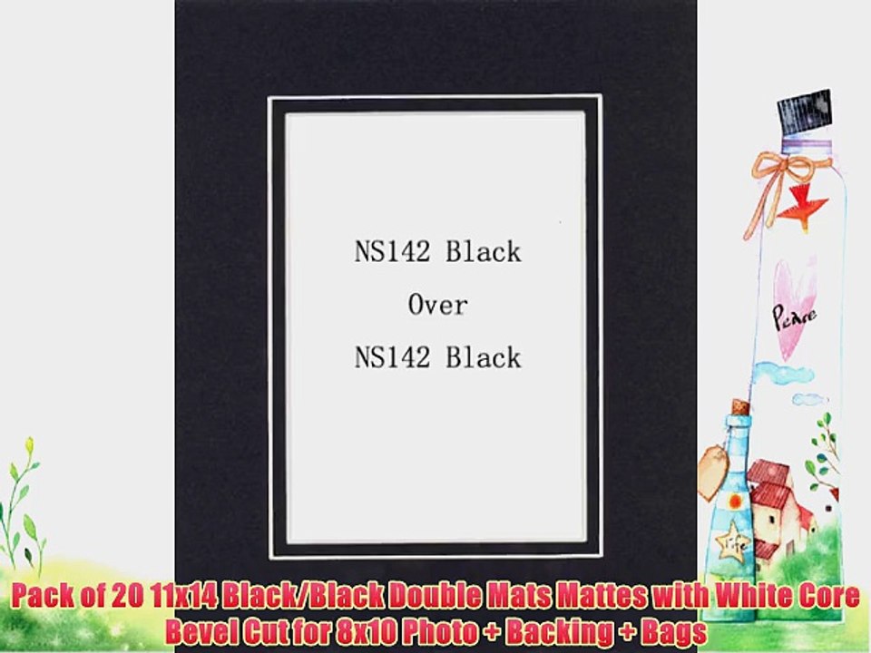 Pack of 20 11x14 Black/Black Double Mats Mattes with White Core Bevel Cut for 8x10 Photo