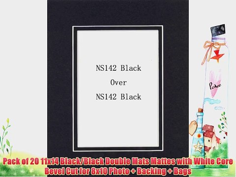 Pack of 20 11x14 Black/Black Double Mats Mattes with White Core Bevel Cut for 8x10 Photo