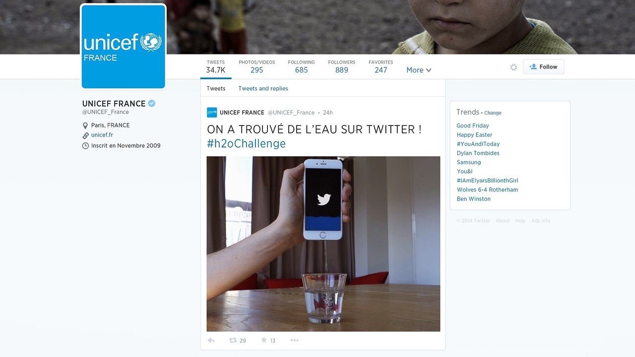Publicis Conseil pour Unicef - organisme humanitaire, «Journée mondiale de l'eau, H2O Challenge, http://www.h2o-challenge.com» - mars 2015