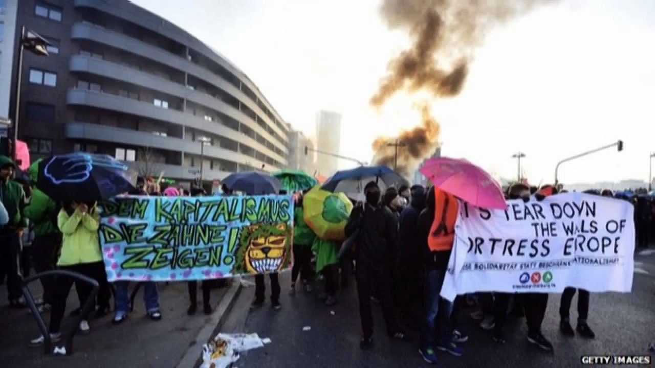 Thousands Of Protesters Clash With Riot Police In Frankfurt Germany