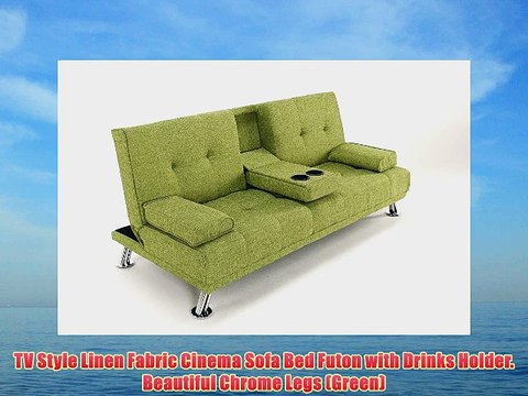 TV Style Linen Fabric Cinema Sofa Bed Futon with Drinks Holder. Beautiful Chrome Legs (Green)