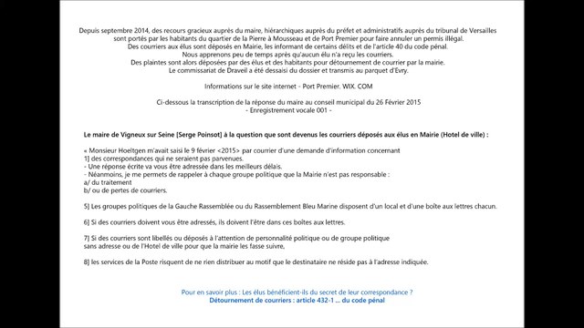 Que sont devenus les courriers déposés en Mairie pour les élus, soit 2x35 courriers - Vigneux Sur Seine 91 - Extrait Conseil municipal du 26 Février 2015