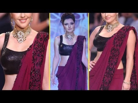 Sexy Kristina Akheeva Hot Look In Black Blouse Red Saree Juicy Navel Shows