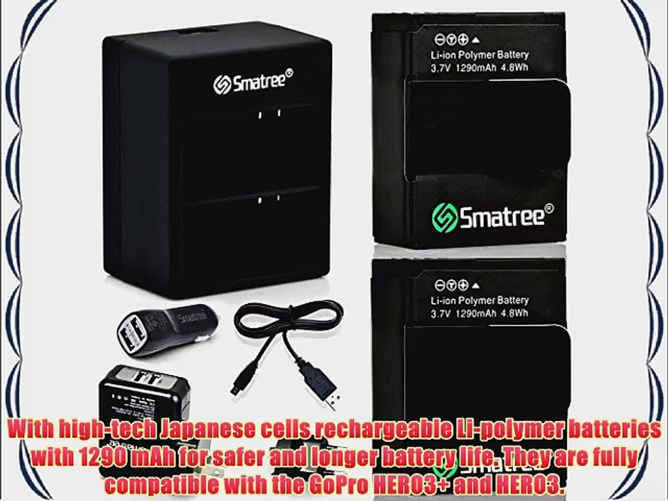 Smatree? High Capacity Li-Polymer Battery (2-Pack) 1290mAH and Rapid Dual Charger Kit Including