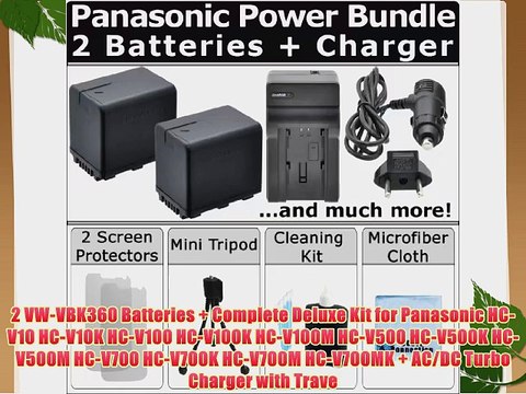 2 VW-VBK360 Batteries Complete Deluxe Kit for Panasonic HC-V10 HC-V10K HC-V100 HC-V100K HC-V100M