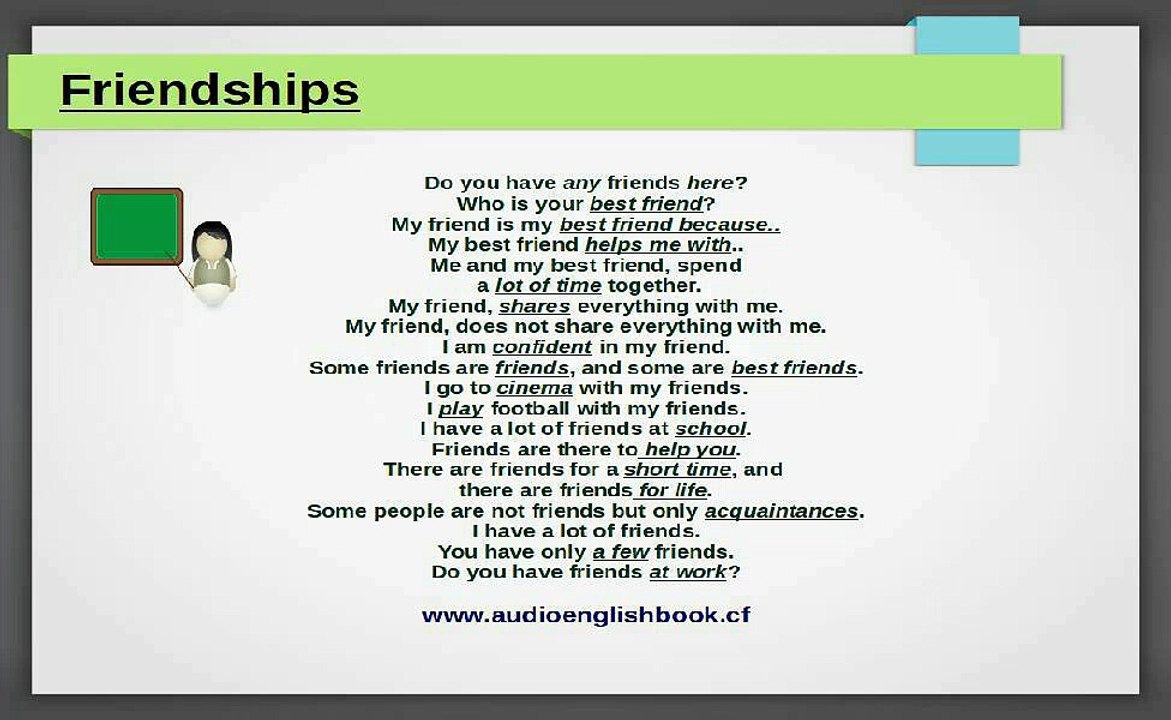 Parler L'Anglais. Leçon sur amitiés. Apprendre l'anglais. Anglais parlé.