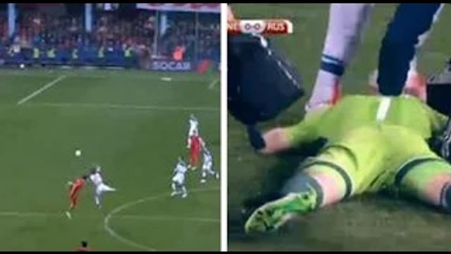 Igor Akinfeev burned by a torch - Montenegro vs Russia 2015