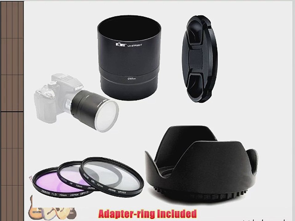 LENS ADAPTER TUBE FOR NIKON COOLPIX P500   LENS HOOD plus FILTER UV C-PL F-DL AND LENS C AP