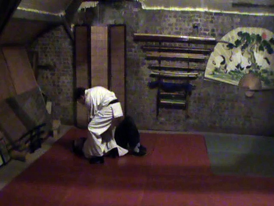 Sol contre debout latéral aux mains : shime,  jambes inversées + hiza geri