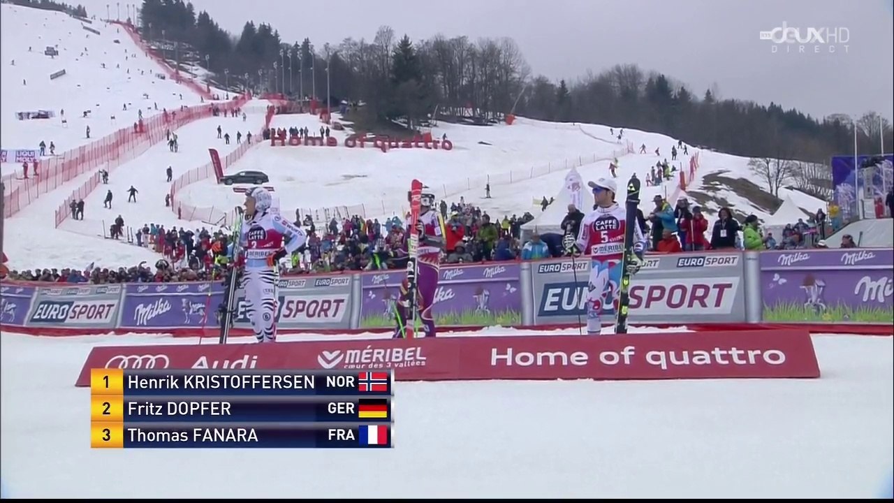 Alpin, 2nde manche slalom géant H, Finales de la CdM à Méribel, 21 mars 2015 (Thomas Fanara sur le podium)