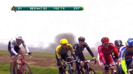Geraint Thomas poussé par une rafale de vent sur Gand-Wevelgem