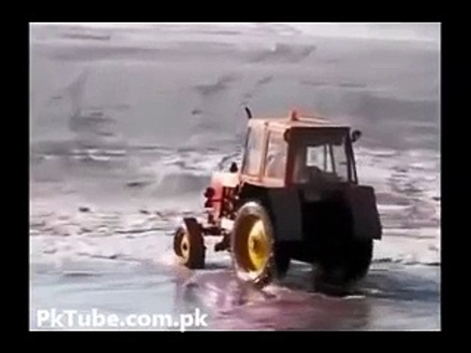 Tractor in frozen Lake