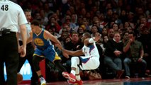 Super Slow-Mo of NBA player Steph Curry Dribbling Chris Paul and sending him the Floor