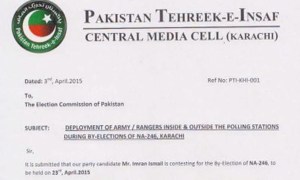 PTI contacts ECP for army deployment in NA-246 by-election