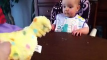 Baby's priceless reaction to Easter egg-laying toy hen