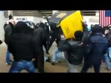 Hooligan alemán intenta golpear a la policía, pero termina impactando a uno de sus amigos