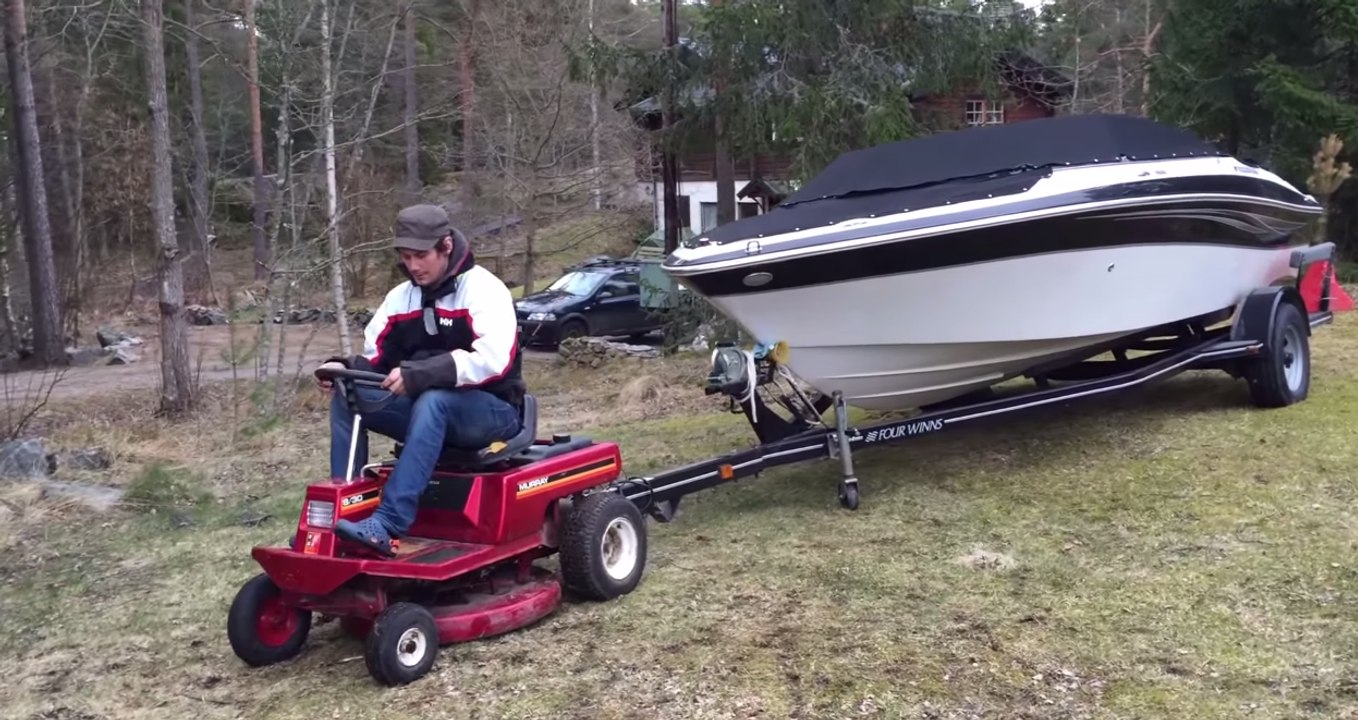 Ride-On Lawnmower Successfully Pulls a Speedboat