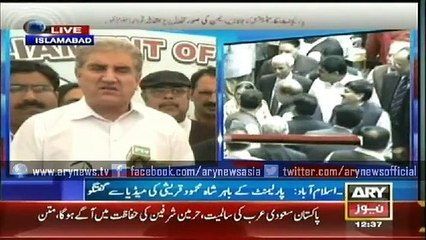 Shah Mehmood Qureshi talk to media outside parliament house