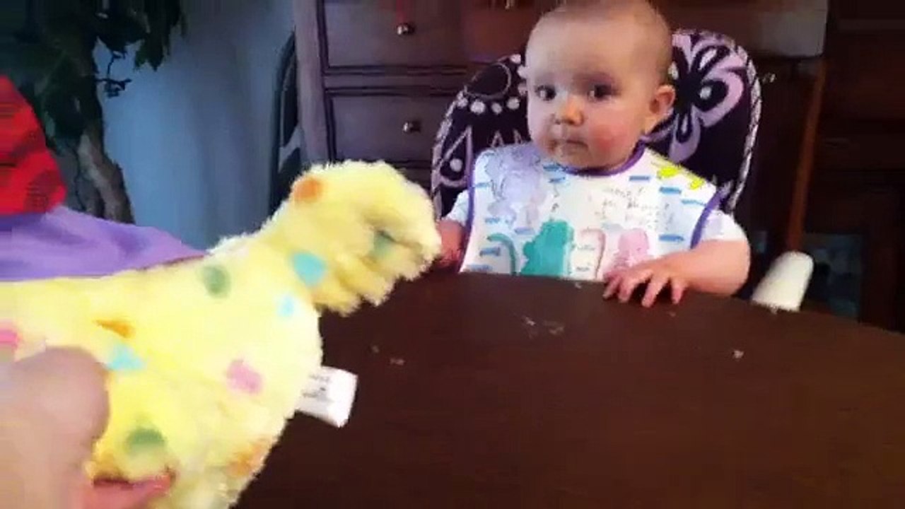 Bebê fica chocado ao ver uma galinha de brinquedo colocar ovos