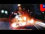 Dashcam crash: Lexus hits scooter, scooter explodes and sets fire to rider, Lexus drives off