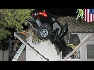 Crazy car crash sees BMW SUV go airborne, plunge through roof of southern California home