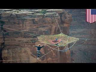 Extreme sports: Moab Monkeys slackline, base jump from hammock floating 400ft above the desert