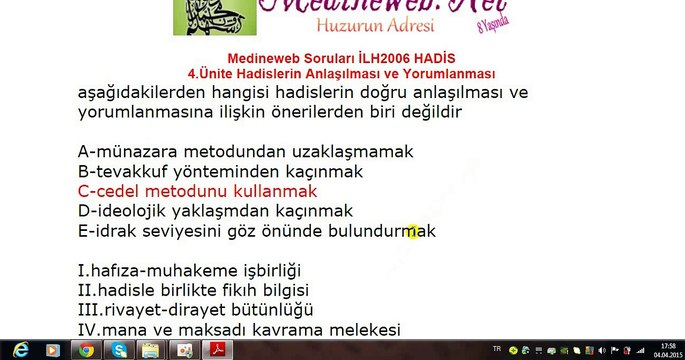 AÖF ilh2006 04.Ünite Hadis ilimhazinem ve Medineweb Soruları
