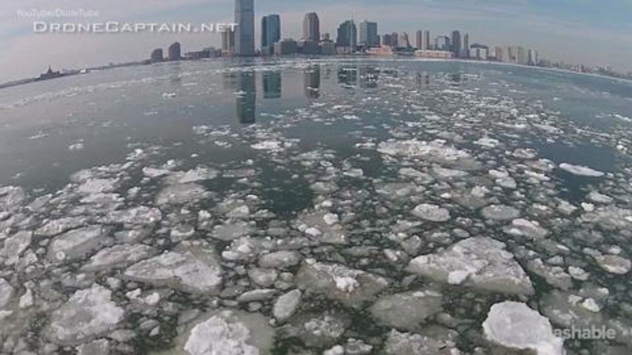 Drone footage reveals birds-eye-view of an icy Hudson River