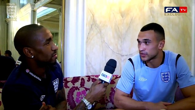 Steven Caulker with guest interviewer Jermain Defoe, Montenegro vs England World Cup Qualifier