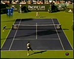roger federer hits a shot around the post