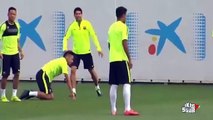 Neymar kneed Luis Suarez in the balls during Barcelona training today