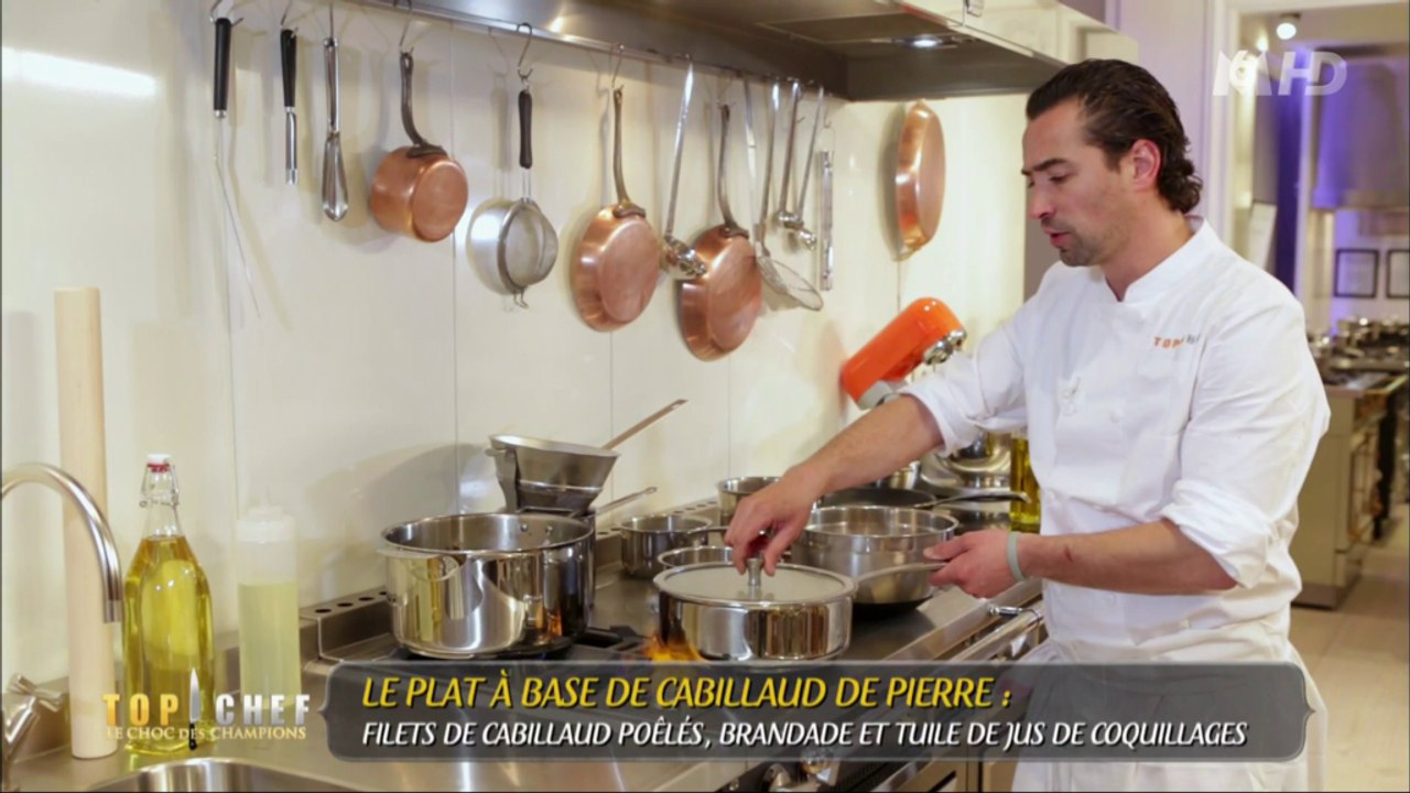 Les filets de cabillaud poêlés et tuile de jus de coquillages de Pierre Augé