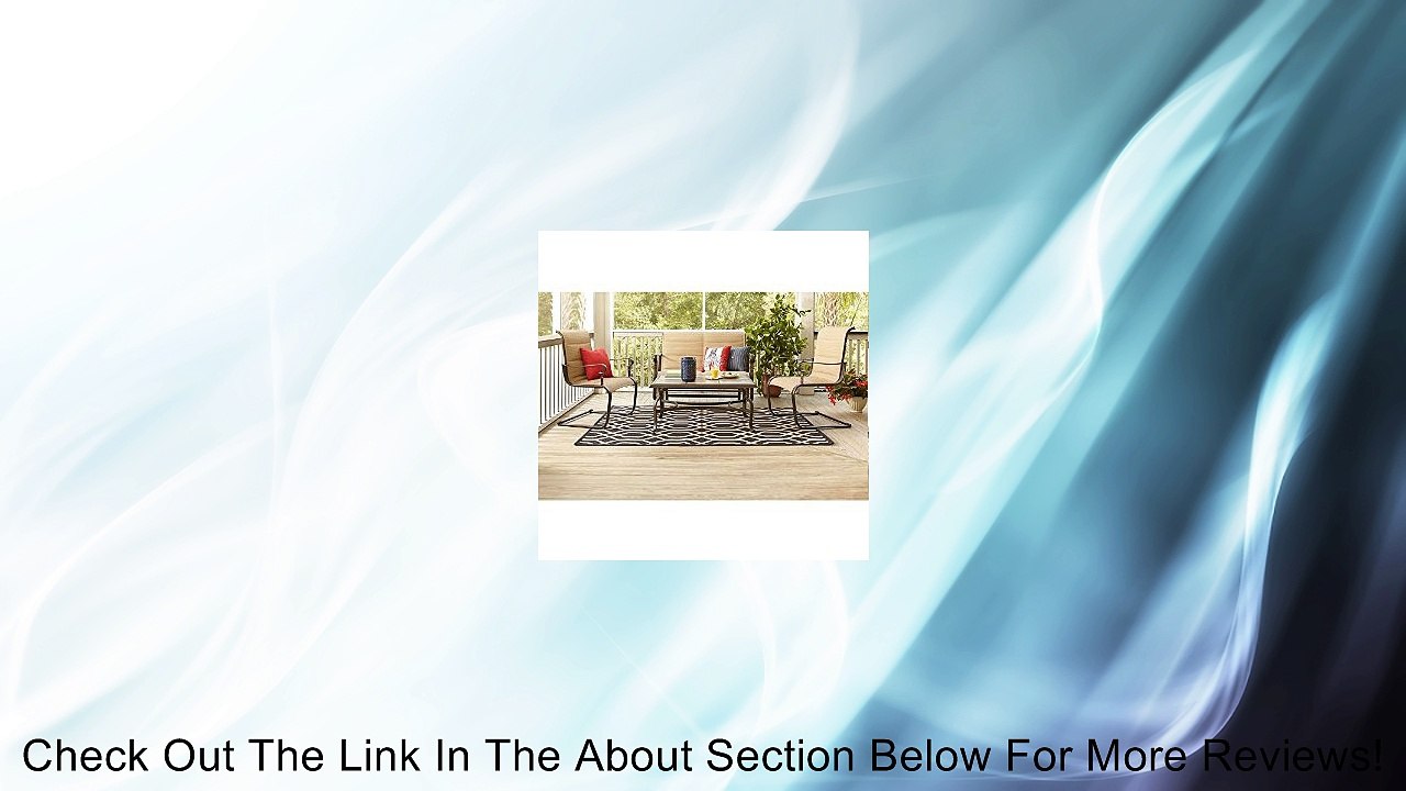 Brown Modern Weather Resistant Steel 4 Piece Patio Conversation Set | Perfect Contemporary Padded Sling Glider Loveseat, 2 C-Spring Sling Chairs & Ceramic Tiles Top Coffee Table Furniture Set for Your Home Outdoors by the BBQ Grill, Garden or Firepit Revi