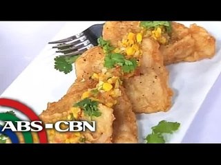 Beer-battered fish fillet with mango cilantro salsa