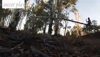 Two men play on a giant see-saw made out of a fallen treeTwo men play in Murrieta on a giant see-saw made out of a falle