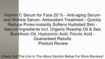 Vitamin C Serum for Face 20 % - Anti-aging Serum-anti Wrinkle Serum- Antioxidant Treatment - Quickly Reduce Pores-instantly Softens Hydrated Skin - Natural Ingredients Incl. Organic Rosehip Oil & Sea Buckthorn Oil, Hyaluronic Acid, Ferulic Acid - Guarante