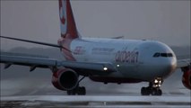Crosswind Landings during a storm at Düsseldorf on an icy runway. Boeing 777, Airbus A340, A330