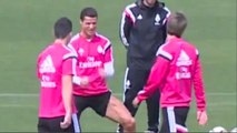 Cristiano Ronaldo enjoys nutmegging Coentrao in Real Madrid training