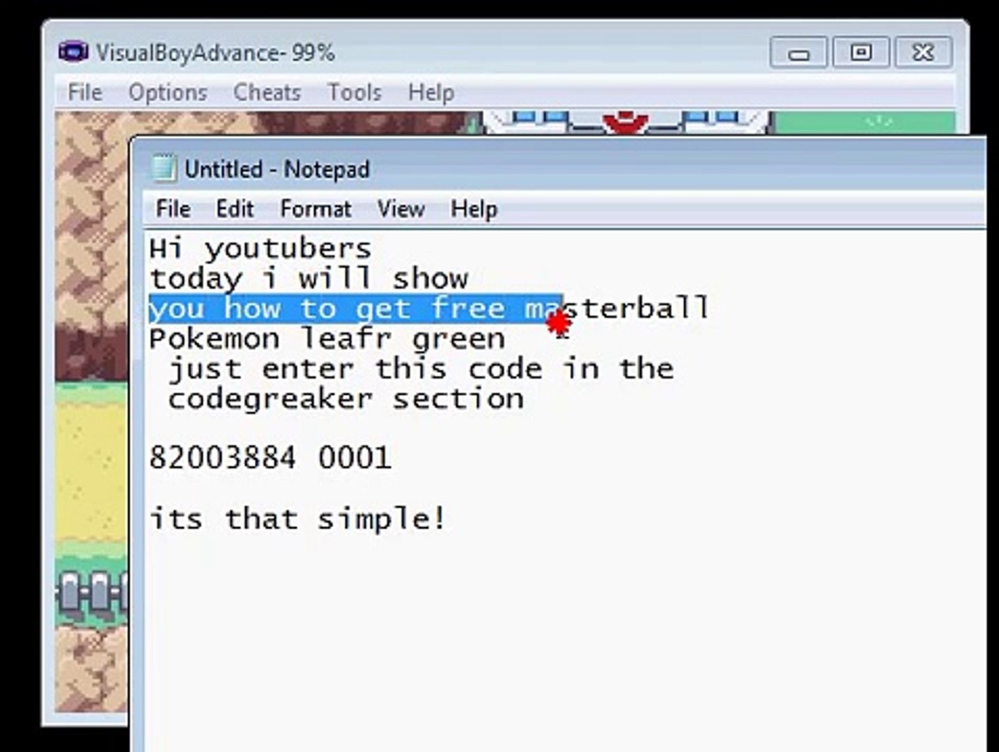 Pokemon Leaf Green Master Ball Code 100 Working Video