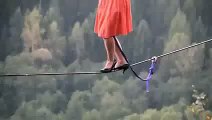 Brave Girl Walk On Rope Wearing High Heels