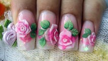 How to make pink 3D acrylic roses cute glitter nails kawaii