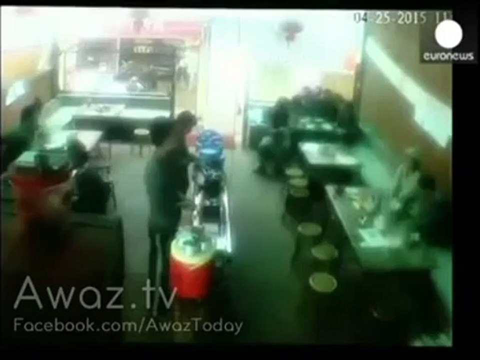 Moment earthquake hits Nepal Shocking CCTV footage- Nepal restaurant