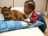 kedinin kuyruğunu ısıran bebek