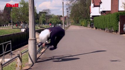 Hi-tech collar deploys airbag over stuntman's head in 0.1 secs during a crash