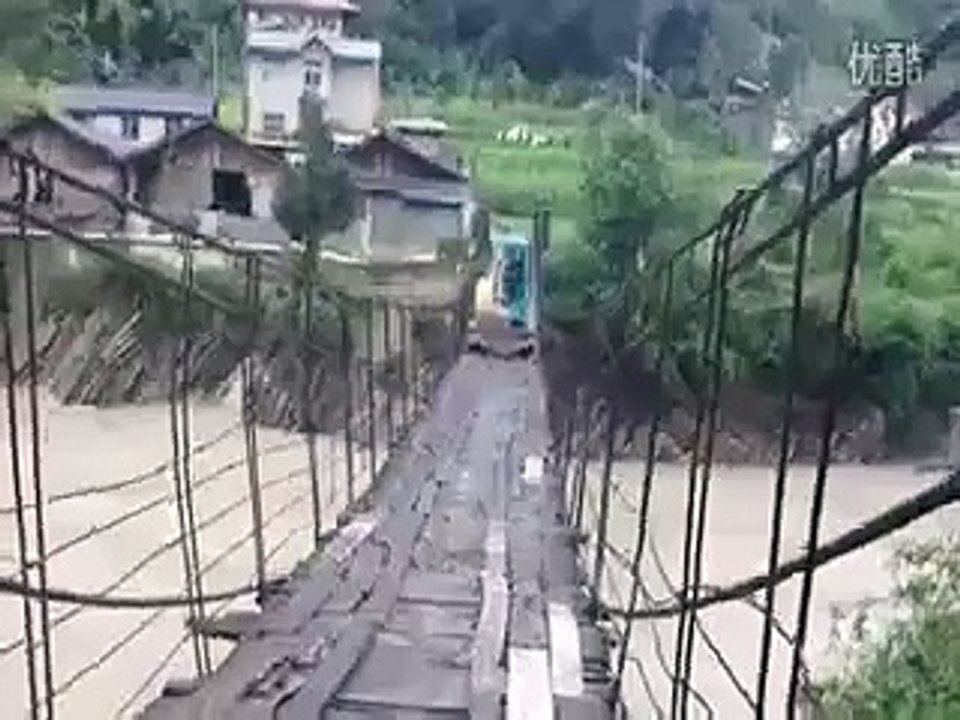 Crazy Excavator Goes Across A Handmade Suspension Bridge