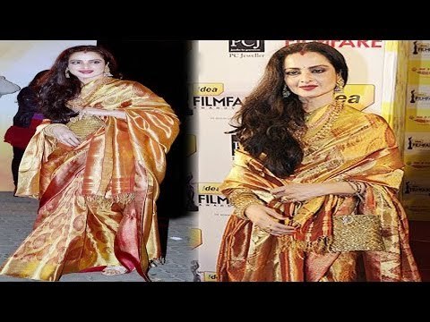 Gorgeous Rekha Looking Stuning Hot In Golden Saree @ Filmfare Awards